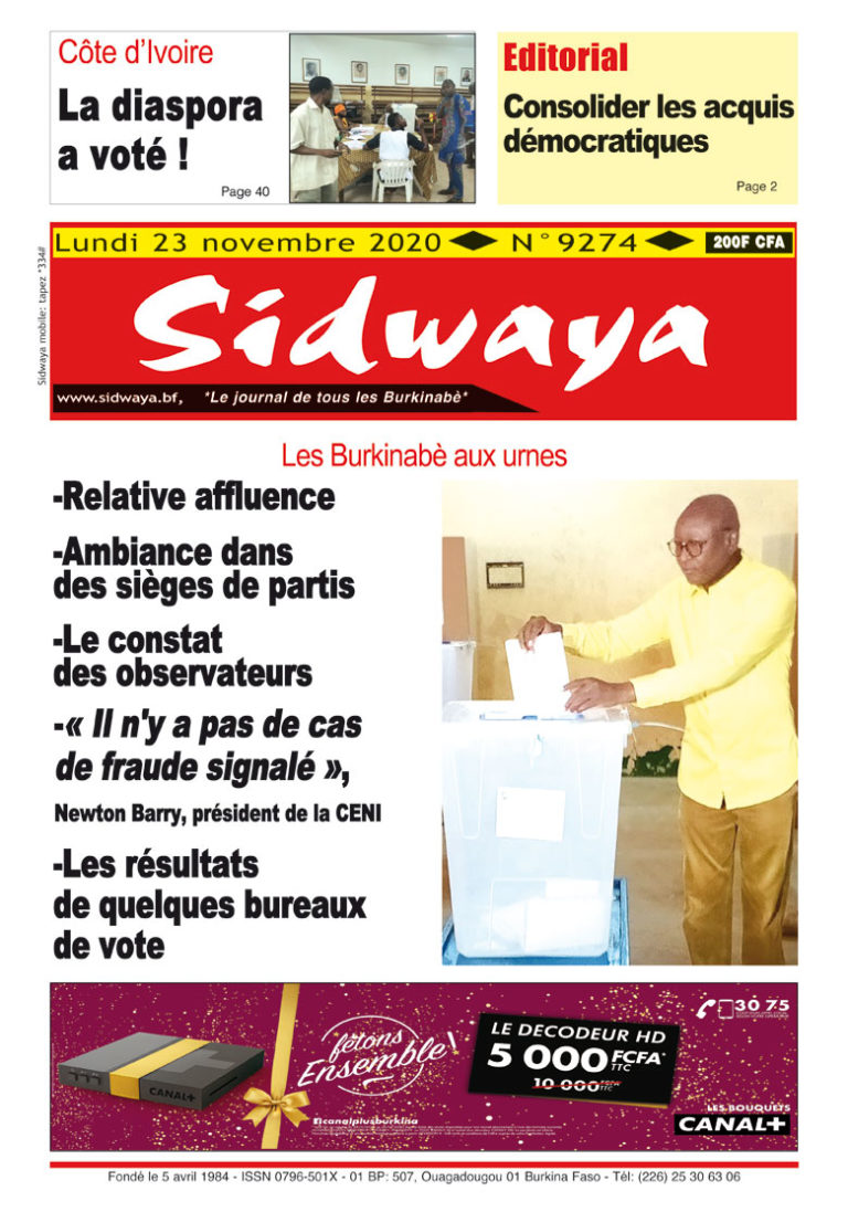 Une Sidwaya du lundi 23 novembre 2020