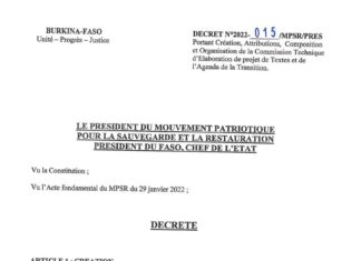 Burkina Faso : une commission technique mise en place pour élaborer les projets de textes de la transition