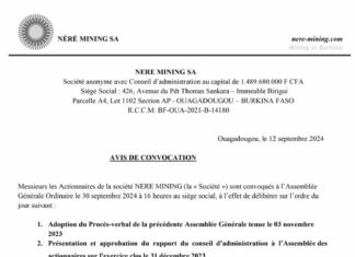 NERE MINING SA: AVIS DE CONVOCATION