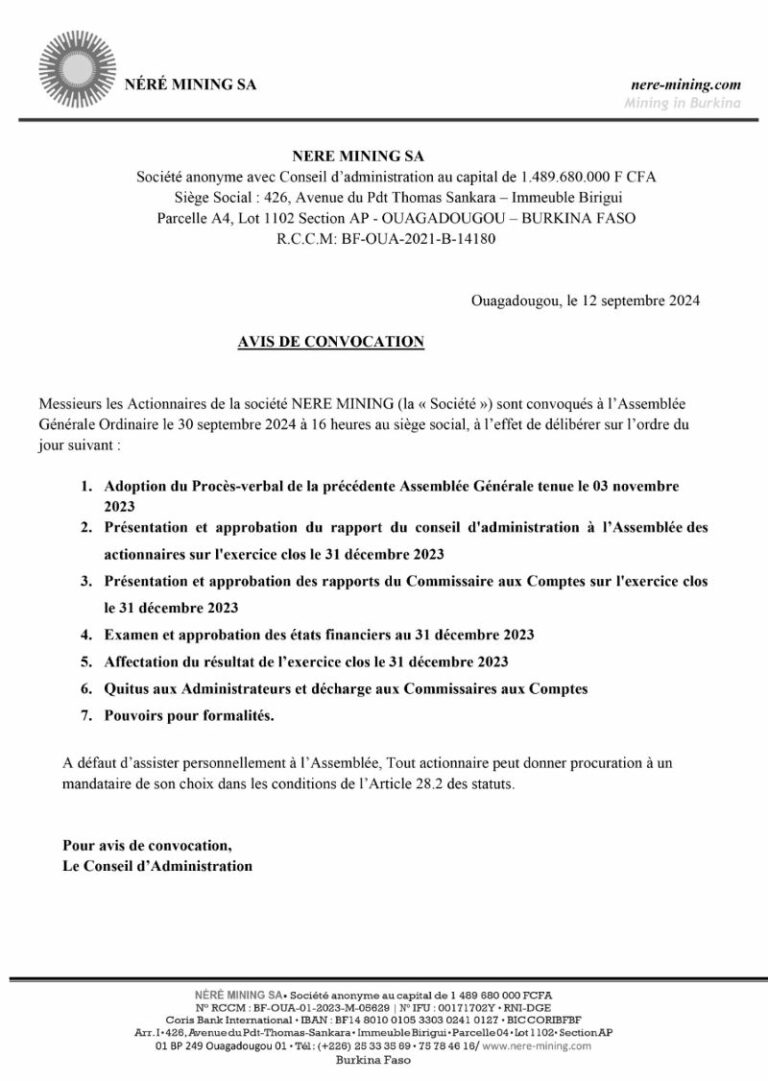      NERE MINING SA: AVIS DE CONVOCATION