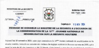 Commémoration de la 16e journée nationale de sensibilisation sur la sécurité routière: le message du ministre de la sécurité Mahamadou SANA