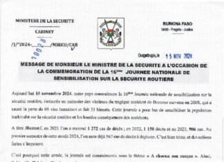 Commémoration de la 16e journée nationale de sensibilisation sur la sécurité routière: le message du ministre de la sécurité Mahamadou SANA