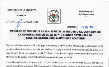 Commémoration de la 16e journée nationale de sensibilisation sur la sécurité routière: le message du ministre de la sécurité Mahamadou SANA
