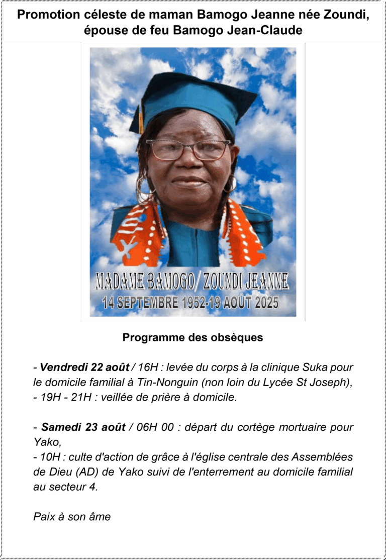 Promotion céleste de maman Bamogo Jeanne née Zoundi, épouse de feu Bomogo Jean Claude