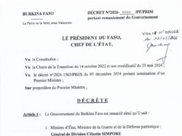 Burkina Faso : le Gouvernement Rimtalba Ouédraogo II passe de 24 à 22 départements