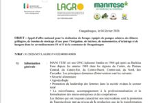 OBJET : Appel d’offre national pour la réalisation de forages équipés de pompes solaires, de clôtures grillagées, de bassins de stockage d’eau pour l’irrigation, de latrines, de maisonnettes, d’éclairage et de hangars dans les arrondissements 10 et 11 de la commune de Ouagadougou