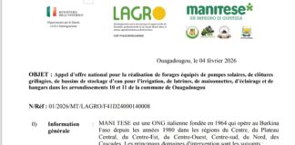 OBJET : Appel d’offre national pour la réalisation de forages équipés de pompes solaires, de clôtures grillagées, de bassins de stockage d’eau pour l’irrigation, de latrines, de maisonnettes, d’éclairage et de hangars dans les arrondissements 10 et 11 de la commune de Ouagadougou