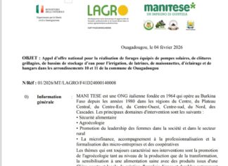 OBJET : Appel d’offre national pour la réalisation de forages équipés de pompes solaires, de clôtures grillagées, de bassins de stockage d’eau pour l’irrigation, de latrines, de maisonnettes, d’éclairage et de hangars dans les arrondissements 10 et 11 de la commune de Ouagadougou