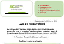 Le Cabinet BOURAHIMA OUEDRAOGO CONSULTING SARL recherche pour le compte d’une importante structure basée à Ouagadougou, des candidatures pour le recrutement en CDD