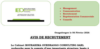 Le Cabinet BOURAHIMA OUEDRAOGO CONSULTING SARL recherche pour le compte d’une importante structure basée à Ouagadougou, des candidatures pour le recrutement en CDD
