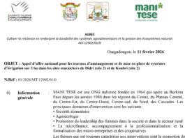 AGRES : Appel d’offre national pour les travaux d’aménagement et de mise en place de systèmes d’irrigation sur 3 ha dans les sites maraichers de Didri (site 2) et de Koubri (site 2)
