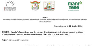 AGRES : Appel d’offre national pour les travaux d’aménagement et de mise en place de systèmes d’irrigation sur 3 ha dans les sites maraichers de Didri (site 2) et de Koubri (site 2)