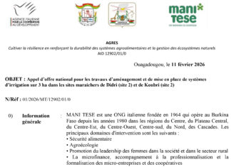 AGRES : Appel d’offre national pour les travaux d’aménagement et de mise en place de systèmes d’irrigation sur 3 ha dans les sites maraichers de Didri (site 2) et de Koubri (site 2)