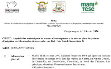 AGRES : Appel d’offre national pour les travaux d’aménagement et de mise en place de systèmes d’irrigation sur 3 ha dans les sites maraichers de Didri (site 2) et de Koubri (site 2)