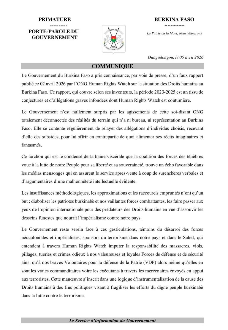 Burkina: le gouvernement dénonce des allégations graves infondées de l’ONG Human Rights Watch