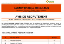 AVIS DE RECRUTEMENT : Secteur : Bâtiments et Travaux Publics (BTP) — Ouagadougou, Burkina Faso