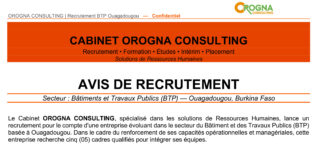 AVIS DE RECRUTEMENT : Secteur : Bâtiments et Travaux Publics (BTP) — Ouagadougou, Burkina Faso
