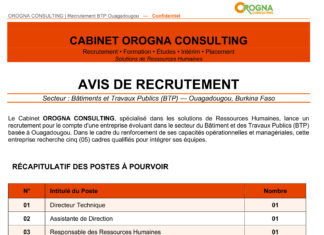 AVIS DE RECRUTEMENT : Secteur : Bâtiments et Travaux Publics (BTP) — Ouagadougou, Burkina Faso