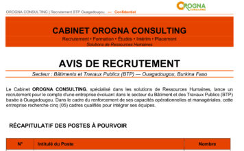 AVIS DE RECRUTEMENT : Secteur : Bâtiments et Travaux Publics (BTP) — Ouagadougou, Burkina Faso