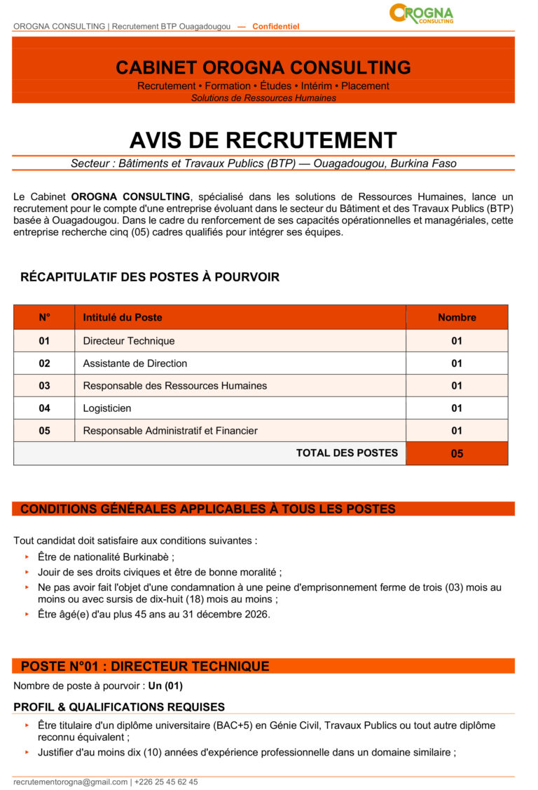 AVIS DE RECRUTEMENT : Secteur : Bâtiments et Travaux Publics (BTP) — Ouagadougou, Burkina Faso